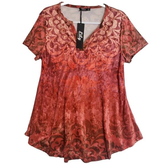 lily by firmiana Tops - Lily by Firmiana Burnout Velvet Orange Short Sleeve V Neck Tunic Top. Size M NWT